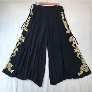 Moi Metallic Gold Embroidered Wide Leg Sheer Satin High Rise Waist Palazzo Pants